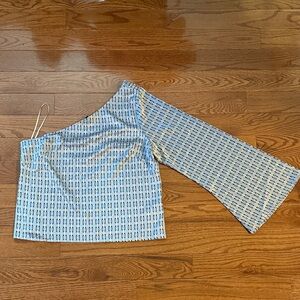 Express One-Shoulder Blue and White Patterned Blouse